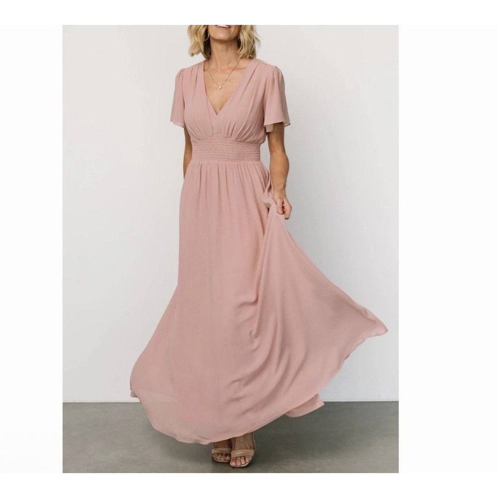 Baltic Born Birdie Maxi Dress S Blush Pink Chiffon Smocked Flutter Sleeve NWT